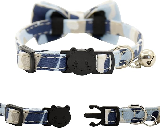 Cat Collar Breakaway with Bell and Bow Tie, Plaid Design Adjustable Safety Kitty Kitten Collars(6.8-10.8in) (Camouflage 2&3)