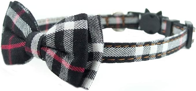 Cat Collar Breakaway with Bell and Bow Tie, Plaid Design Adjustable Safety Kitty Kitten Collars(6.8-10.8in) (Black Plaid 2)