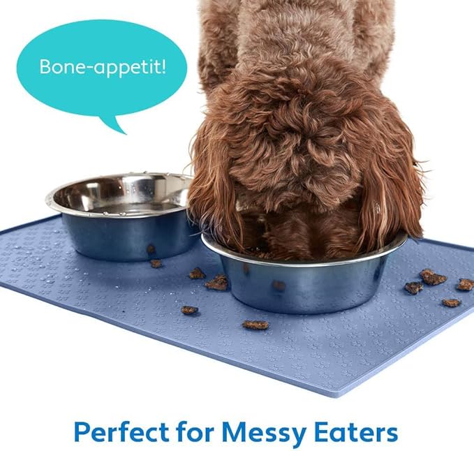 MIGHTY MONKEY 100% Waterproof Dog Food Mat, Raised Edges Silicone Pet Feeding Placemat for Cat, Dogs, Pet Bowls, High Lipped Tray Prevents Water Spills, Food on Floor, Dishwasher Safe, 18x12, Lt Blue