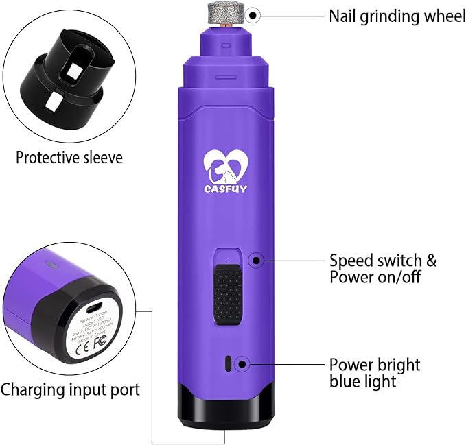 Casfuy Dog Nail Grinder Upgraded - Professional 2-Speed Electric Rechargeable Pet Nail Trimmer Painless Paws Grooming & Smoothing for Small Medium Large Dogs & Cats (Purple)