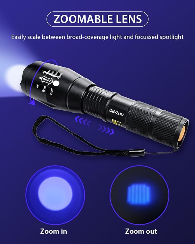 Eagou Diary UV Flashlights for Pet Urine, 365nm & 395nm UV Black Light Flashlights Mini UV Light Flashlight Zoomable Lens Black Light for Pet Urine Detection IP65 Waterproof Woods Lamp Skin Analyzer