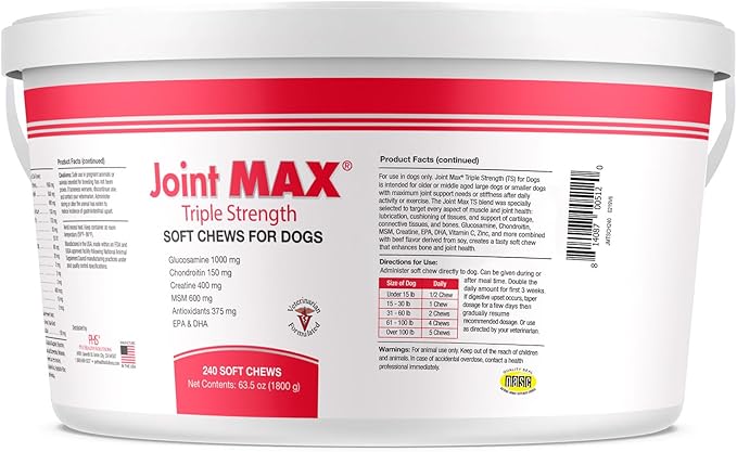 TS Joint Supplement Vet Formulated Pain & Inflammation Relief Treats Hip Dysplasia & Arthritis.Glucosamine, Chondroitin, Turmeric, MSM, HA, Creatine, Omega 3 EPA+DHA. All Dogs 240 Soft Chews