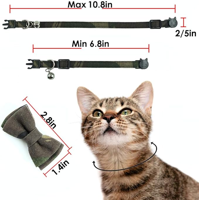 Cat Collar Bowtie with Bell, Quick Release Buckle Safety and Durable Kitties Kittens Cats Breakaway Collar Set of 2 PCS(6.8-10.8in) (Camouflage 1&Camouflage 2)