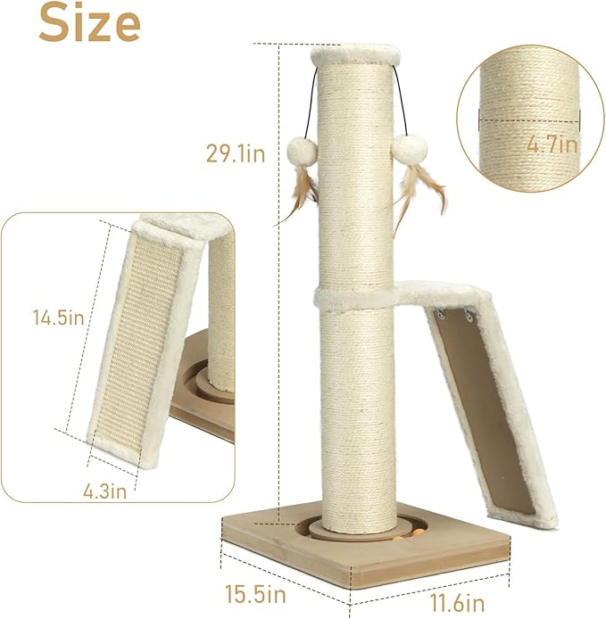 Cat Scratching Post,31" Tall Sisal Scratch Posts with Vertical Scratching Board for Cats and Kittens,with Track Ball and Hanging Feather Ball Toys,Beige