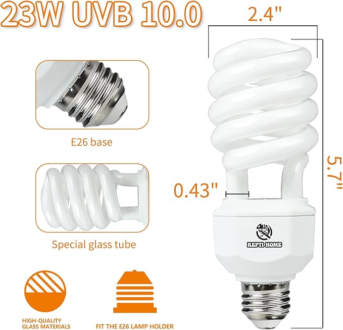 UVA UVB Reptile Light 23W 10.0,Desert Terrarium Compact Fluorescent Lamp,UVB Reptile Light Bulb for Bearded Dragon, Lizard,Spider, Snake, Gecko