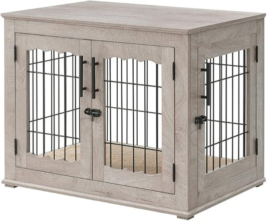 beeNbkks Furniture Style Dog Crate End Table, Double Doors Wooden Wire Dog Kennel with Pet Bed, Decorative Pet Crate Dog House Indoor Medium Large