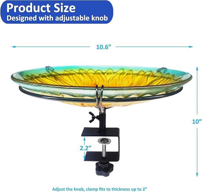 Deck Mounted Bird Bath, Deck Birdbath for Railings, Glass Sunflower Bird Baths Bowl Bird Feeders with Heavy Duty Adjustable Base, Railing Bird Bath for Deck, Balcony, Fence-Sunflower Yellow