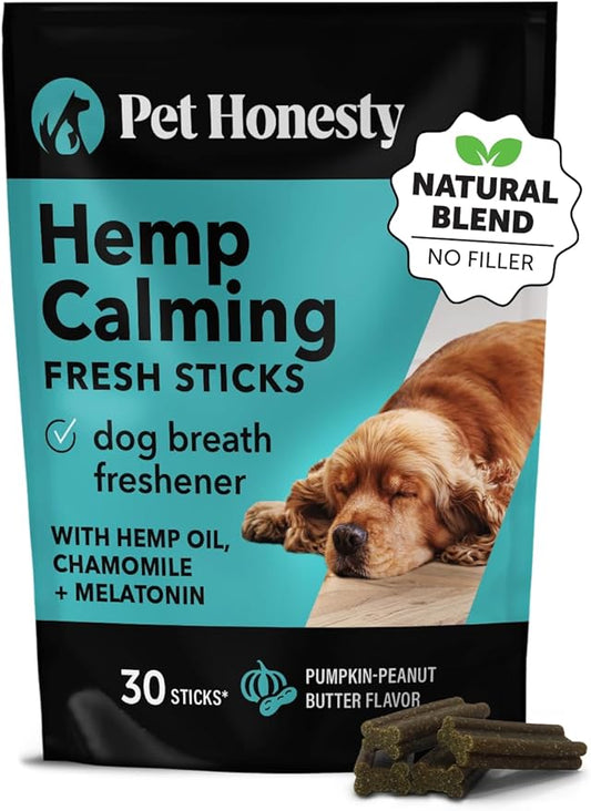 Pet Honesty Hemp Calming Fresh Sticks - Dental Sticks for Dogs - Natural Dental Chews, Calming Support for Dogs, Reduce Hyperactivity and Anxiety, Freshen Dog Breath, Reduce Plaque + Tartar - (30 ct)