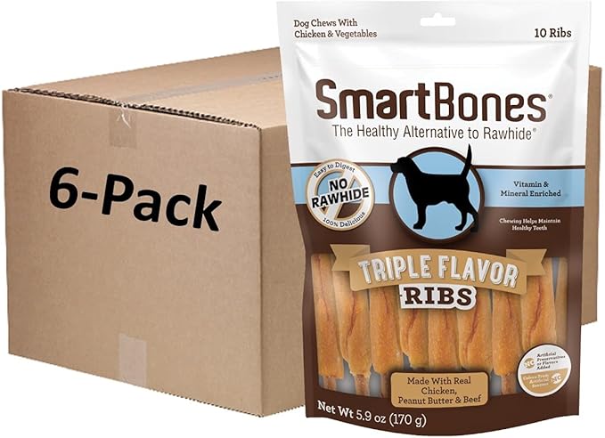 SmartBones No Artificial Colors or Preservatives Rib and Wing Chews, Treat Your Dog to a Fun Shapped Triple Flavor Chew