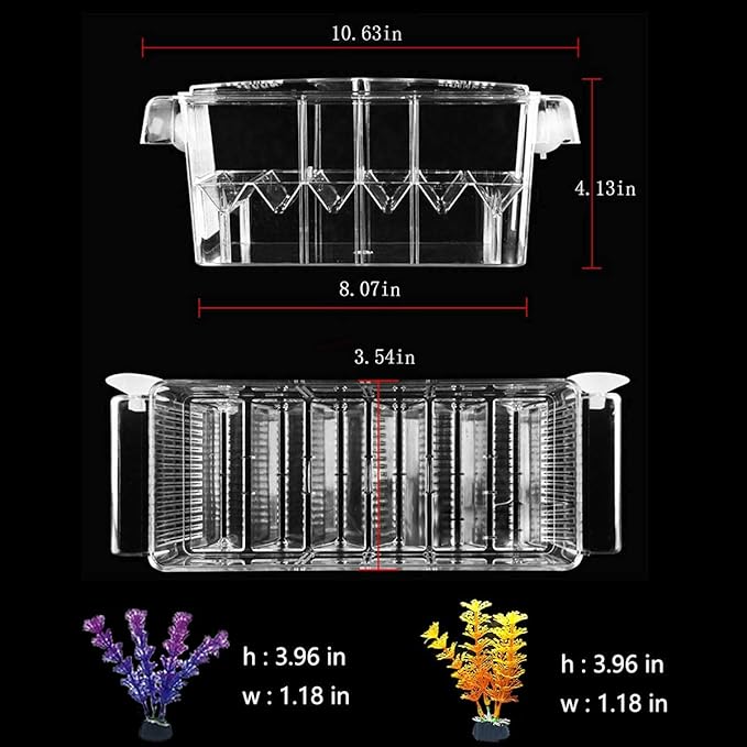 Tfwadmx Fish Breeding Box, 3 Rooms HD Aquarium Breeder Box with Suction Cups Fish Baby Hatchery Acrylic Fish Incubator Isolation Box with Artificial Plant for Guppy Baby Fish Hatchery