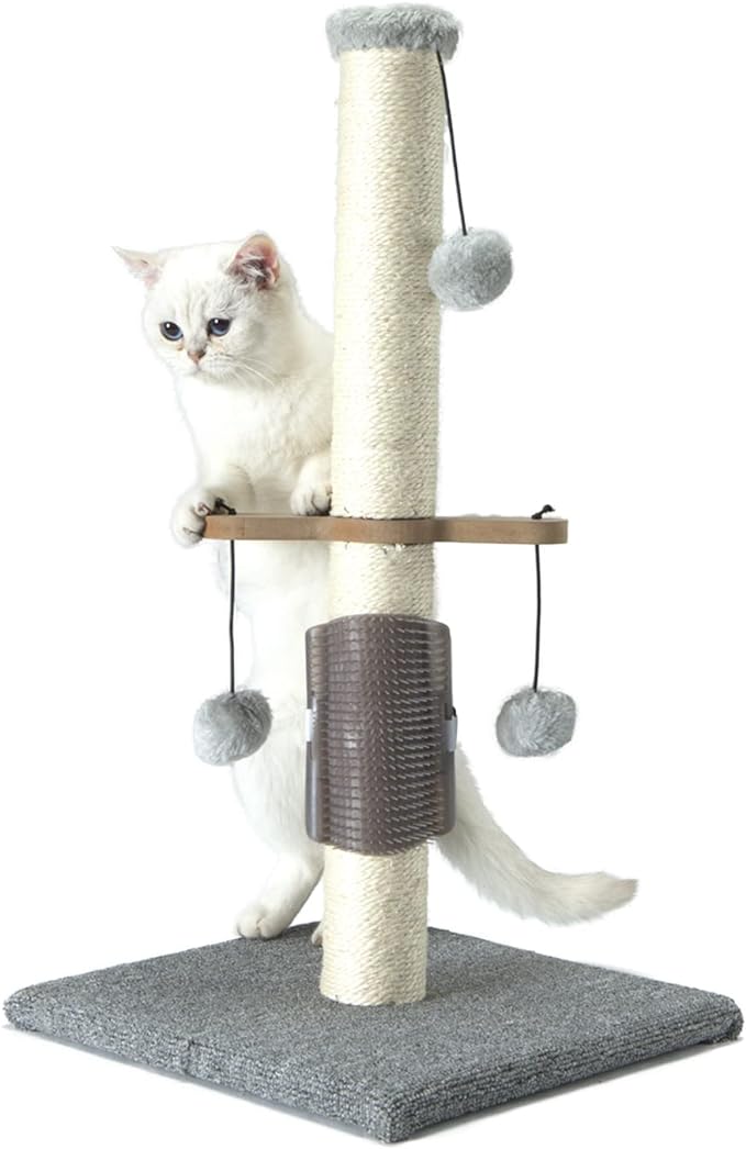 Cat Scratching Post Sisal Vertical Scratcher Posts for Indoor Cats and Kittens,Three Hanging Ball Toy and Self-Grooming Brush,26inches Cat Scratch Pole Grey