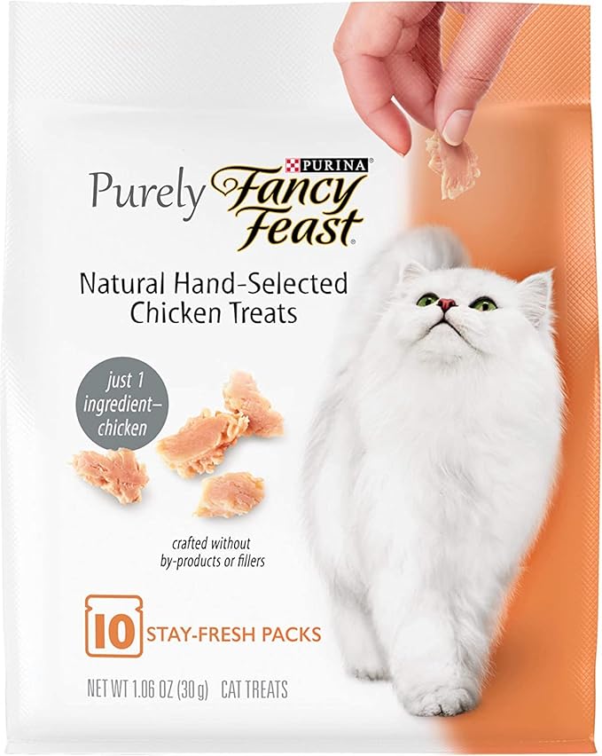 Variety Pack (6) Purely Fancy Feast Natural Hand-Flaked Cat Treats (2 Tuna, 2 Salmon, 2 Chicken) with AuroraPet Cat Toy (Assorted)