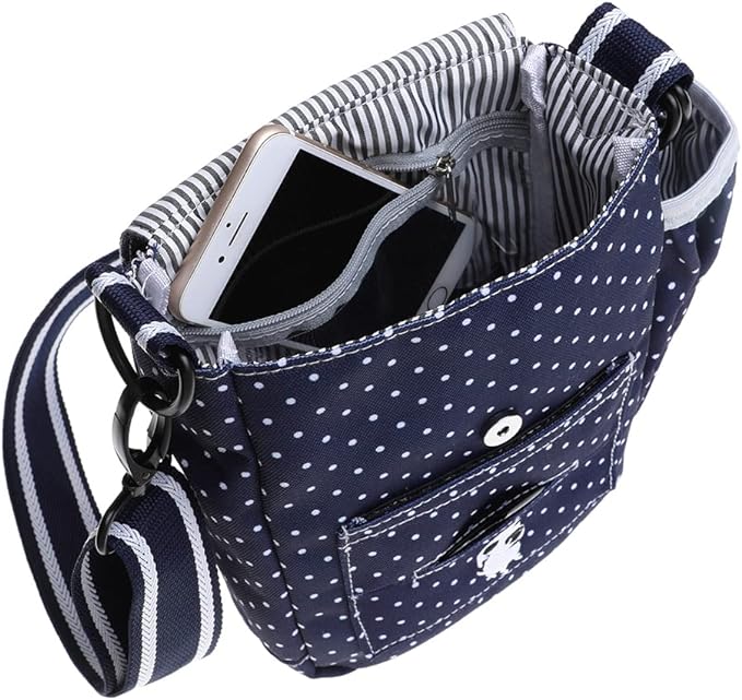 DOOG | Walkie Bag | Adjustable Shoulder Bag with Poo Bag Compartment and Water Bottle Compartment | Navy with Polka Dots