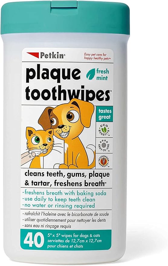 Petkin Cat and Dog Dental Wipes, 40 Wipes (Fresh Mint) - Natural Formula Cleans Teeth, Gums & Freshens Breath - for Daily Use - Convenient Dog Dental Care - 1 Pack of 40 Wipes