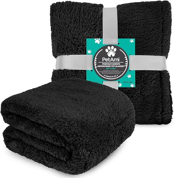 PetAmi Fluffy Waterproof Dog Blanket for Bed Large Dogs, Soft Warm Pet Sherpa Throw Pee Proof Couch Cover, Reversible Cat Blanket Sofa Crate Kennel Protector, Washable Mat Queen (Black, 90x90)