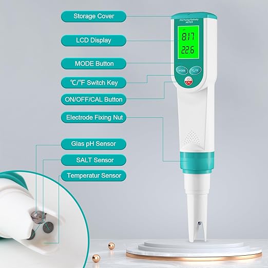 Digital Salinity Tester and pH Tester, Waterproof Pool Salt Tester with ATC, Salinity Meter for Seawater, Aquariums, Aquaculture, Saltwater Pool, Food Industry
