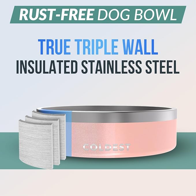 Coldest Dog Bowl, Anti Rust Metal & Non Slip Dog Bowls Large, Spill Proof Heavy Duty 3 Layers Insulated Dog Bowl, Food & Water Bowl for Dogs, Cats, Dishwasher Safe (42 oz, Forever Pink Glitter)