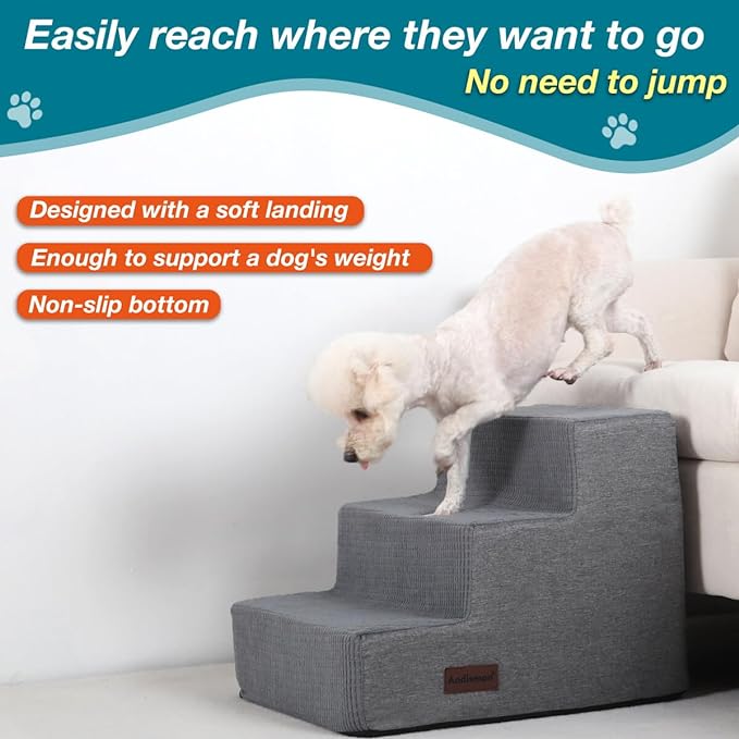 Dog Stairs for Small Dogs, Dog Steps for Couch and Bed, Non-Slip Bottom Pet Stairs for Small Dogs or Cats, Grey, 3 Steps