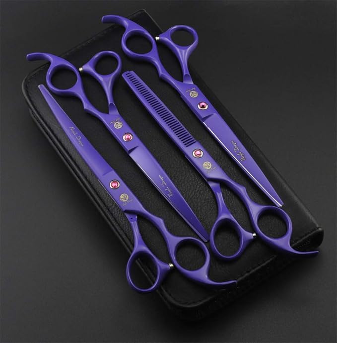 Purple Dragon Professional 7.0 inch 4PCS Pet Grooming Scissors Kit Japan Premium Steel Straight & Curved & Thinning Blade Dog Hair Cutting Shears Set with Case