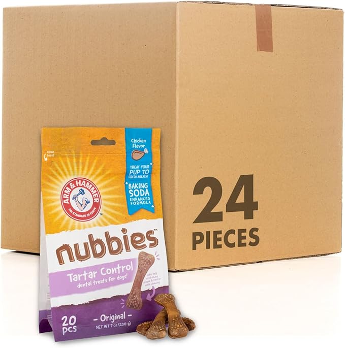 Arm & Hammer for Pets Nubbies Dental Treats for Dogs | Dental Chews Fight Bad Breath, Plaque & Tartar Without Brushing | Chicken Flavor, 20 Count- 24 Pack Dental Dog Chews