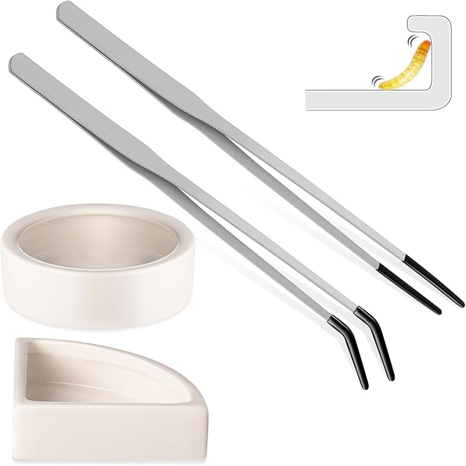 2 Pcs Reptile Feeding Tongs Stainless Steel Long Handle Tweezers Straight and Bent Rubber Tipped Tweezers with 2 Pcs Reptile Food Dish Bowl Terrarium Feeder Tools for Gecko Snake (10'', 10.5'')