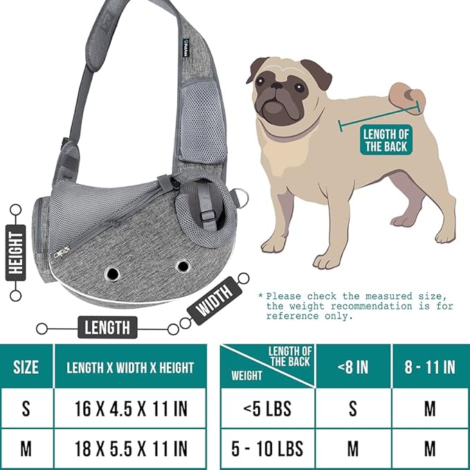 PetAmi Dog Sling Carrier for Small Dogs, Puppy Carrier Sling Purse, Dog Bags For Traveling, Carrying Bag to Wear Medium Cat, Adjustable Crossbody Pet Sling Travel, Poop Bag Dispenser, Max 10 lbs, Gray