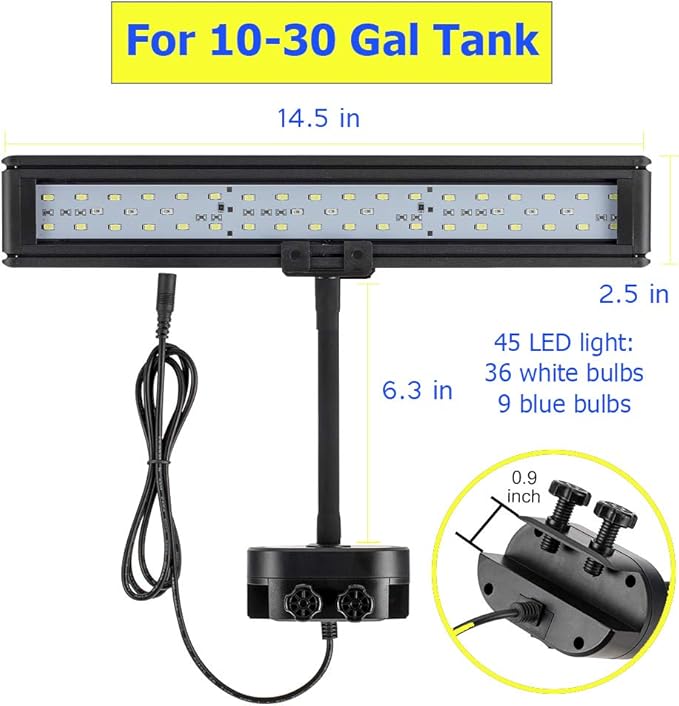 hygger 14 Inches Blue White LED Aquarium Light Clip on Small Led Light for Planted Saltwater Freshwater Fish Tank with Gooseneck Clamp 21W