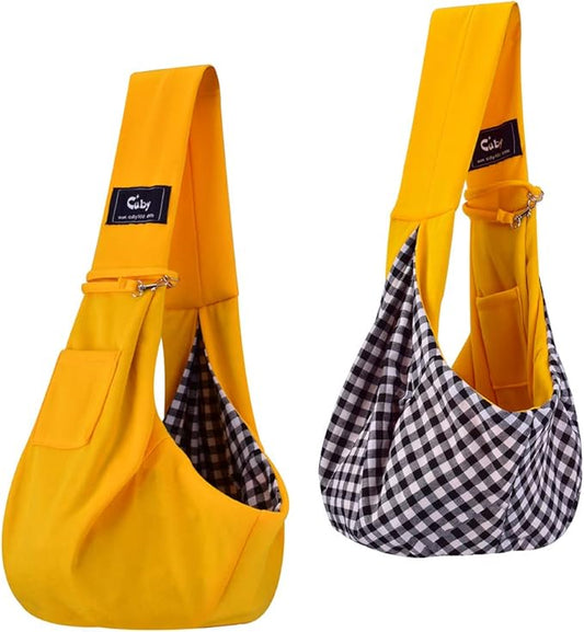 CUBY Dog and Cat Sling Carrier - Hands Free Reversible Pet Papoose Bag - Soft Pouch and Tote Design - Suitable for Puppy, Small Dogs Cats Outdoor (Yellow, Unadjustable strap)