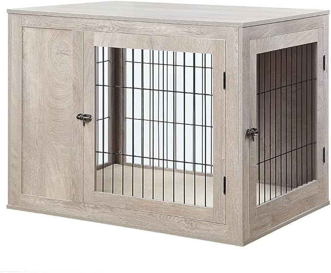 unipaws Furniture Style Dog Crate for Medium Large Dogs, Indoor Aesthetic Dog Stuff Kennel, Modern Decorative Wood Wire Pet House Dog Cage, Pretty Cute End Side Table Nightstand, Weathered Grey