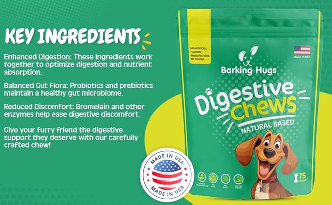 DIGESTIVE CHEWS - Prebiotic for Dogs - Probiotic for Dogs - Digestive enzymes for dogs - Gut Health - Helps with indigestion and diarrhea in dogs - 75 Chews