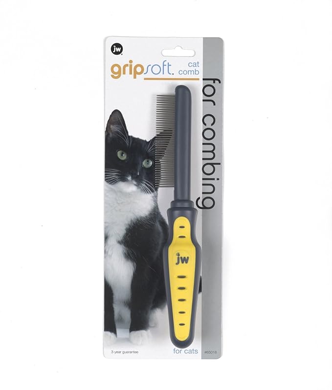 JW Pet GripSoft Cat Comb - Medium & Long Haired Cat Brush for Shedding & Tangle Removal