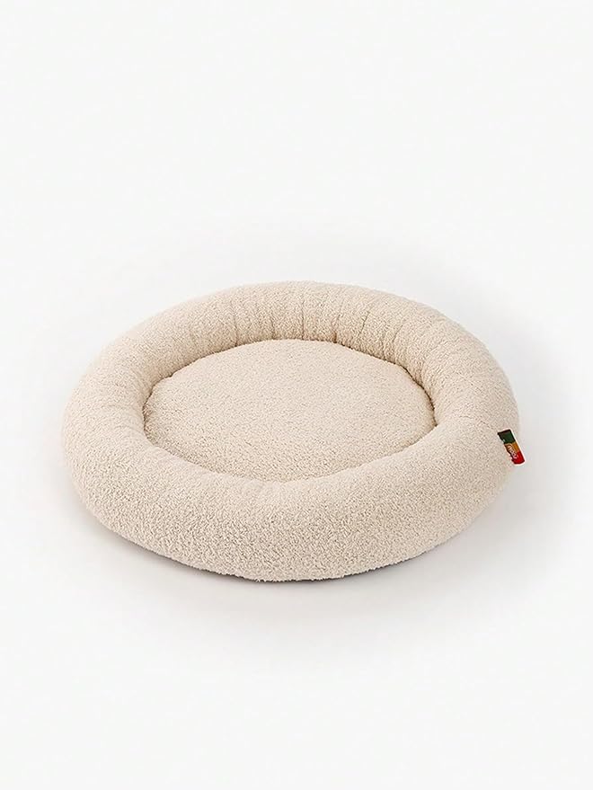 QWINEE Cat and Dog Cushion Bed Mat Plush Puppy Kitten Beds Round Bed Anti-Slip Pet Sleeping Bed for Small Medium Dog Cat Kitten Beige S