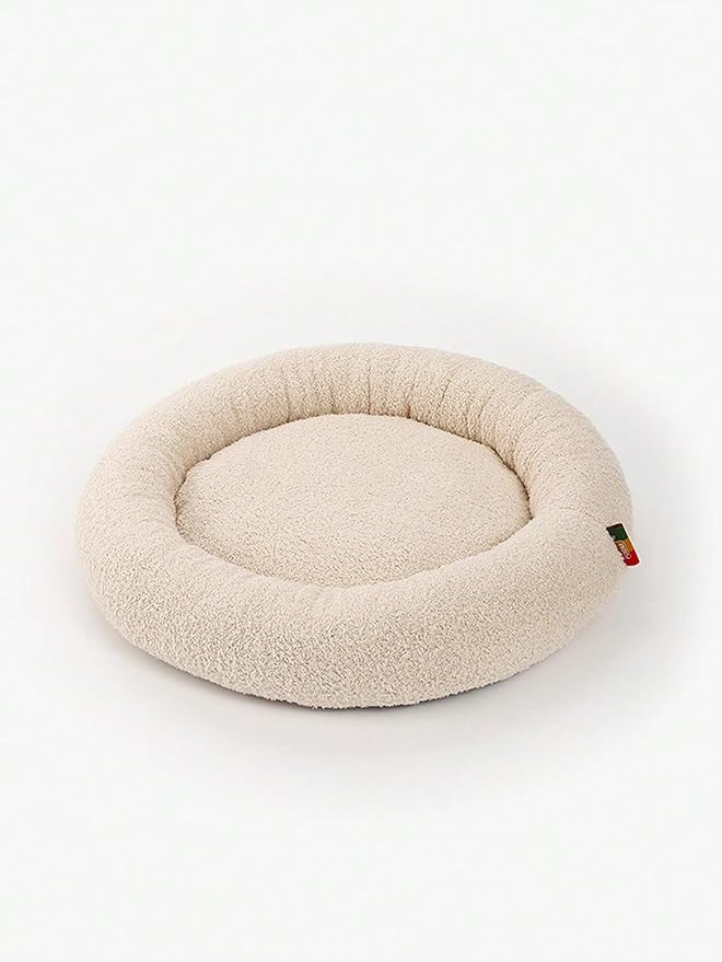 QWINEE Cat and Dog Cushion Bed Mat Plush Puppy Kitten Beds Round Bed Anti-Slip Pet Sleeping Bed for Small Medium Dog Cat Kitten Beige M