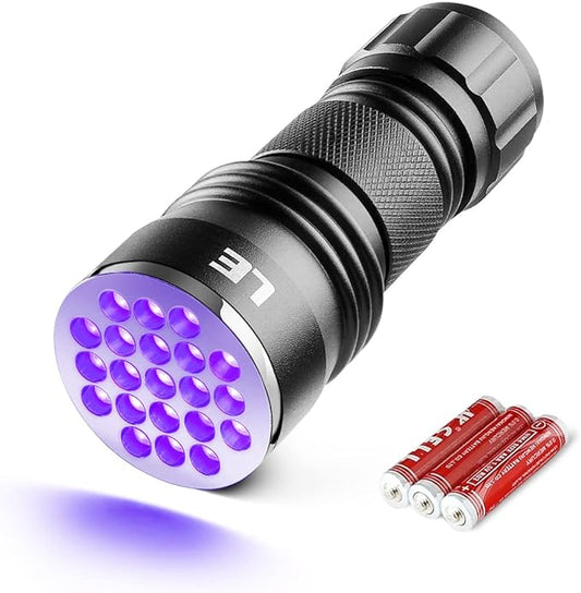 LE Black Light Flashlight, Small UV Lights with 21 LEDs, 395nm, Ultraviolet Light Detector for Invisible Ink Pens, Pet Dog Cat Urine Stain and More, AAA Batteries Included