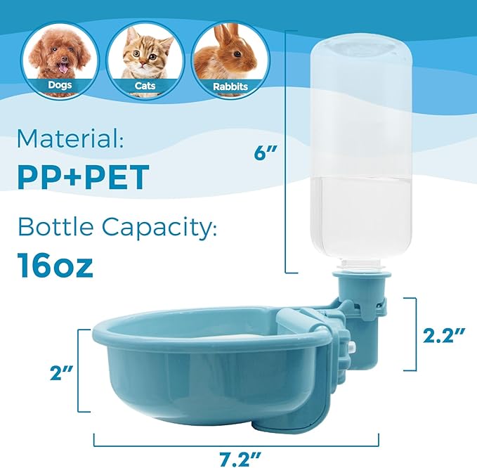 16oz Pet Water Bottle, Gravity Dog Water Bowl Dispenser for Cage, Anti-Overflow Water Dispenser for Small Dogs, Cats, Rabbits and Other Small Animals, BPA Free, Blue