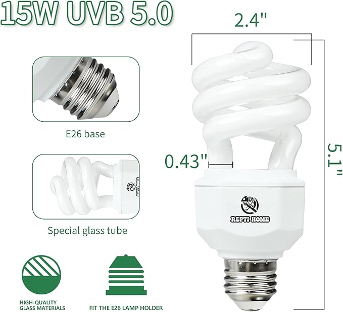 UVA UVB Reptile Light-15W 5.0,Tropical & Sub-Tropical Terrarium Compact Fluorescent Lamp,UVB Reptile Light Bulb for Snake,Chameleons,Iguanas