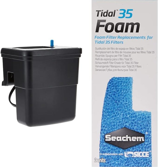 Seachem Tidal Power Aquarium Filter - 35 Gallon Large Fish Tank Filter,Black and Seachem Tidal 35 Filter Replacement Foam (2 Pack)