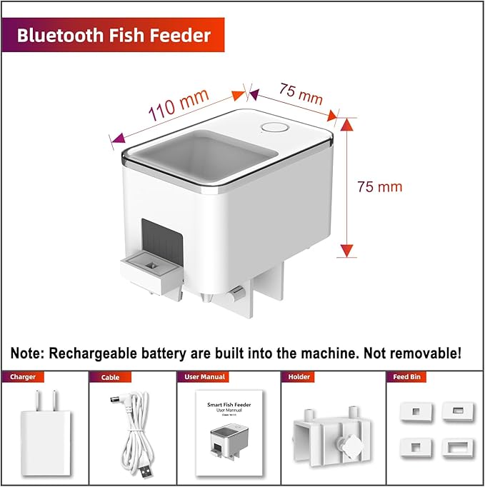 Bluetooth Automatic Fish Feeder for Aquarium, Food Dispenser for Fish Tank with App Control, USB and Rechargeable Battery Powered, Suitable for Small Fish Tank Pelleted Food, White