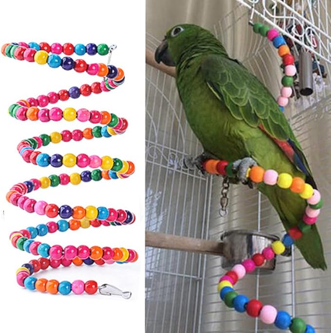 Bird Wood Beads Perch Parrot Revolving Suspension Bridge Toys Comfy Perch Bird Chew Toy for Parakeets Cockatiels, Conures, Budgerigar, Macaw, Lovebirds, Finches (78 inch)