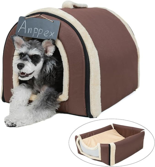 ANPPEX Dog House Indoor,2 in 1 Washable Covered Dog Bed,Insulated Cozy Dog Igloo Cave,L Size for Small and Medium Dogs,Brown