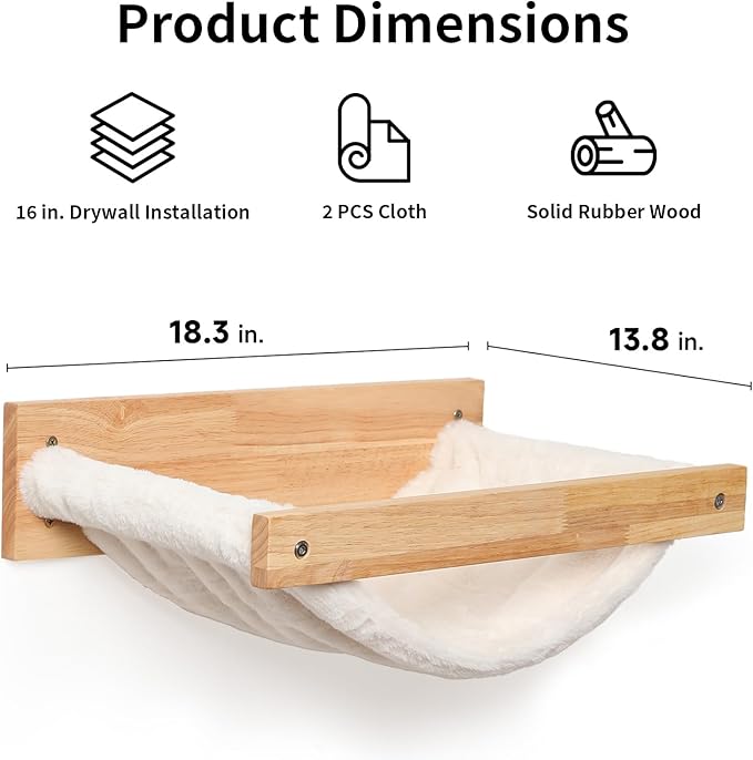 FUKUMARU Cat Hammock Wall Mounted, 18 x 14 in Kitty Beds and Perches, Wooden Cat Wall Furniture, Larger Version Cat Wall Shelves with Extra Cloth, Suitable for 16 inch Drywall Installation