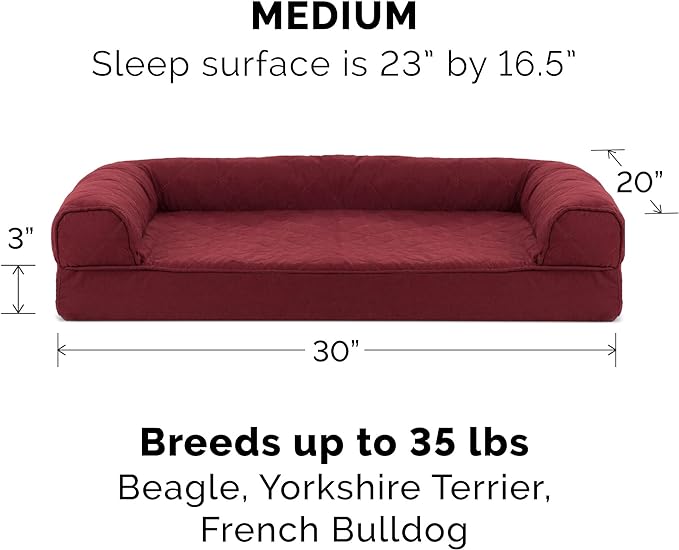 Furhaven Orthopedic Dog Bed for Medium/Small Dogs w/ Removable Bolsters & Washable Cover, For Dogs Up to 35 lbs - Quilted Sofa - Wine Red, Medium