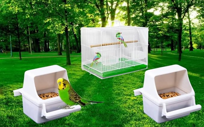 Bird Feeder, Plastic Bird Food Water Feeder Dispenser Standing Frame with 2 Spoons, for Parrot Parakeet Pigeon Sparrow