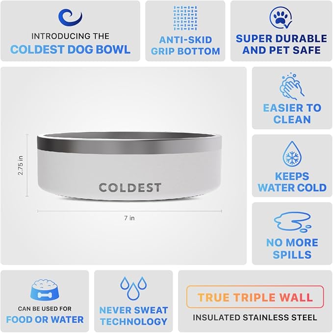 Coldest Dog Bowl - Anti Rust Metal & Non Slip Dog Bowls Large, Spill Proof Heavy Duty 3 Layers Insulated Dog Bowl - Food and Water Bowl for Dogs, Cats & Pets, Dishwasher Safe (42 oz, Epic White)