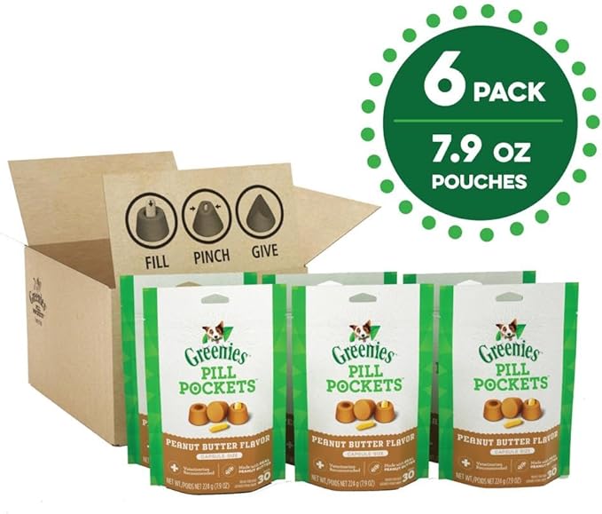 Greenies Pill Pockets for Dogs Capsule Size Natural Soft Dog Treats with Real Peanut Butter, (6) 7.9 oz. Packs (180 Treats)