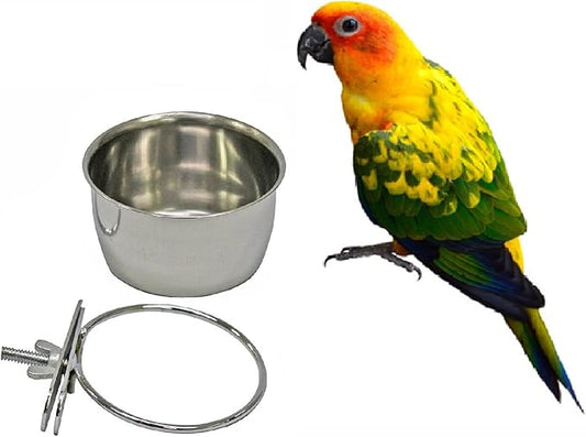 Bird Parrot Feeding Cups Cage Hanging Bowl Stainless Steel Perches with Clamp Holder - Bird Coop Cups Seed Water Food Dish Feeder Bowl 10 Ounce