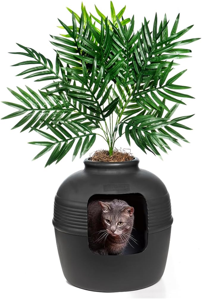 Good Pet Stuff, The Original Hidden Litter Box Base Kit, Round Enclosed Cat Litter Box Planter with Artificial Plants, Vented Carbon Odor Filter System, Florist Moss, Easy to Clean, Black Suede