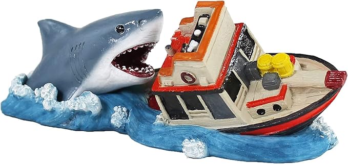 Penn-Plax Jaws Officially Licensed 2-Piece Aquarium Ornament Bundle – Comes with Boat Attack and Shark Swim-Through – Small