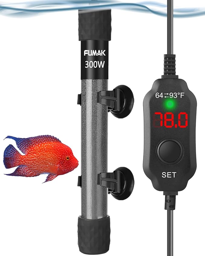 Kulife Fumak 300W Adjustable Aquarium Heater Super Short Submersible Fish Tank Heater Fish Heater with LED Digital Display Thermostat, for Tanks 40-60 Gallons