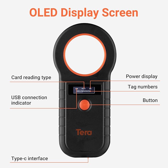 Tera Animal Tag Reader Pet Microchip Scanner with OLED Display Screen Portable RFID Rechargeable Data Storage 2.4G Wireless & Wired USB EMID FDX-B(ISO11784/85) for Animal Management, Black W90D